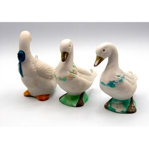 Vintage Bisque Porcelain Goose Ornament Blue Bow & Goose Salt Pepper Shaker